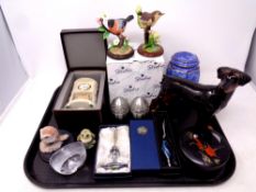 A tray containing Regency Fine Arts, Border Fine Arts bird figures, pewter salt and pepper pots,