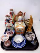 A tray containing oriental ceramics to include ginger jars, teapots, tea cup and saucer,