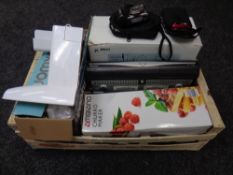 A box containing assorted electricals to include Sky HD box, digital cameras,