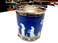 A Wedgwood Jasperware silver plated lidded biscuit barrel