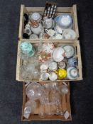 Two crates and a box containing 19th century tea china, Japanese eggshell tea china, thimbles,