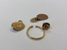 A 22ct gold band ring (broken), 2.5g, together with a 9ct gold cufflink (2.3g), a 9ct gold stud (0.