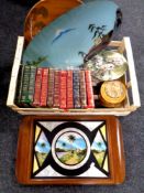 A box containing 20th century Tourist butterfly tray, leather bound Reader's Digest books,