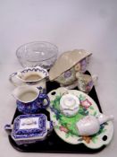 A tray containing a cut glass comport together with assorted ceramics to include Maling,