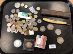 A tray containing European coins, 10 euro note, boxed Crown and Sword razor,