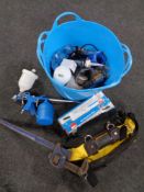 Two plastic builder's buckets containing compressor tools, oil suction gun,