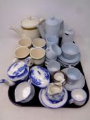 A tray containing assorted ceramics to include Copeland Spode teaware,