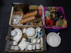 Three boxes and crates containing ceramics, wooden pieces, tea light holders, ceramic handles,