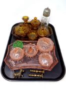 A tray containing two Art Deco glass trinket sets, cut glass silver plated lidded sugar sifter,