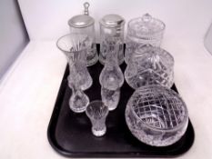 A tray containing assorted lead crystal glassware to include tankards, lidded biscuit barrel, vases,