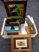 A box containing a brass locomotive on stand, DAB radio, cased cutlery,