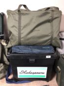 A Shakespeare tackle box/seat together with a Trakker tarp in carry bag