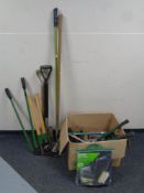 A box containing a large quantity of assorted garden tools, hand tools, hand saw,