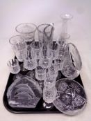 A tray containing assorted glassware to include Nybro dolphin paperweight, lead crystal vases,