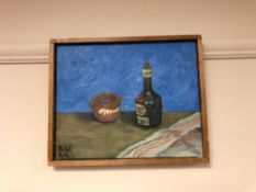 Continental school : Still life with a bottle of wine, oil on canvas,