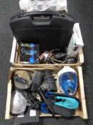 Two boxes containing assorted electricals to include Wharfedale microphone, Pure DAB radio,