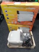 A box containing assorted electricals to include Bosch steam iron, Panasonic bread maker,