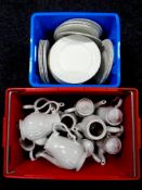 Two boxes containing a large quantity of Myott Meakin dinnerware and teapots