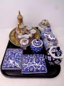 A tray containing assorted ceramics to include a hand painted Persian style tea service (as found),