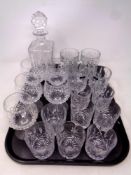 A tray containing assorted glassware to include lead crystal whisky decanters,