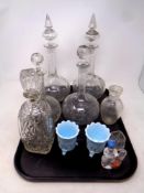 A tray containing antique and later decanters, pair of Davidson's glass vases,