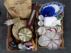 Two boxes containing footstools, barometer, assorted ceramics, antique blue and white meat plate,