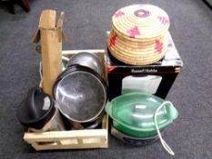 A crate containing assorted kitchen electricals to include slow cooker, soup maker,