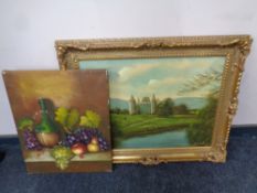 A Lambert oil on canvas, river with chateau beyond, in an ornate gilt frame,