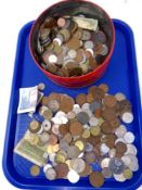 A tray containing a large quantity of English and foreign coins, bank notes,