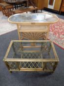 A bamboo and wicker oval table together with a further bamboo and wicker rectangular glass topped
