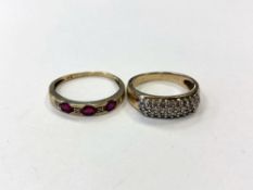 A 9ct gold diamond set ring, together with a 9ct gold ruby and diamond ring.