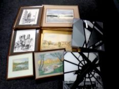 A box containing assorted framed pictures and prints to include an A E Huntley watercolour,