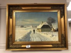 Continental school : Figure walking through snow, oil on canvas,