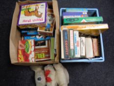 Two boxes containing vintage board games and soft toys