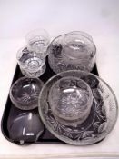 A tray containing glassware to include crystal dessert and fruit bowls,