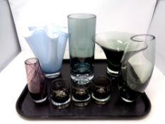A tray containing five assorted Art Glass vases together with three coloured glass whisky tumblers