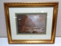 John Falconer Slater (1857-1937), stormy seas with cliffs beyond, oil, 30 x 21 cm,