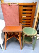 A 20th century loom linen basket together with two occasional tables