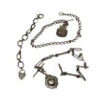 Two silver Albert chains with fobs, together with a silver oval link bracelet with heart padlock.
