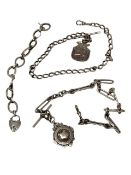 Two silver Albert chains with fobs, together with a silver oval link bracelet with heart padlock.