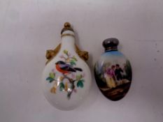 Two hand painted porcelain opium flasks, one with silver and one with brass top.