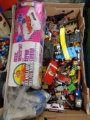 A box of mid century and later die cast vehicles including Corgi tanks, Dinky busses,