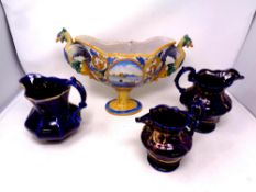 An Italian style twin handled comport together with three blue and gilt china mugs