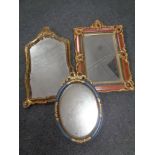 A French style painted wooden mirror together with two further painted mirrors