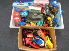 Two boxes of a large quantity of toys to include Disney Cars, Bob the Builder, board games,