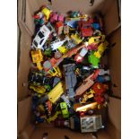 A crate of mid century and later play worn die cast cars, Corgi, Dinky steam roller,