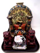 A tray of Oriental style ceramics, moonflask vase, candlesticks, lidded trinket pot,