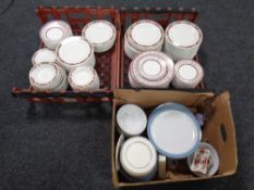 Two crates and a box of a large quantity of assorted dinner ware to include Churchill, Denby,
