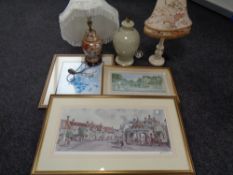 A Sturgeon signed print depicting a village market scene together with two further framed pictures