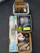 Three boxes of casserole dishes, glass oven dishes, kitchen tins, glass ware etc,
